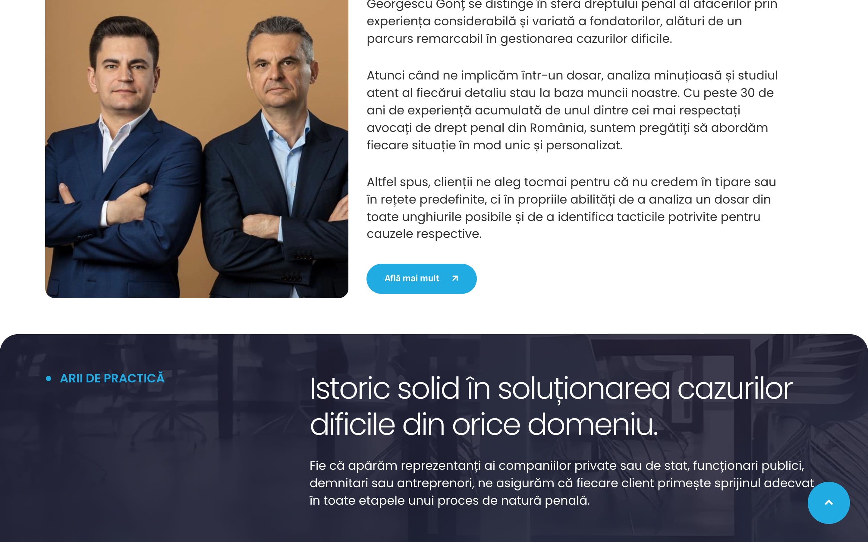 Secțiunea Despre noi de pe pagina principală, cu cei doi parteneri fondatori