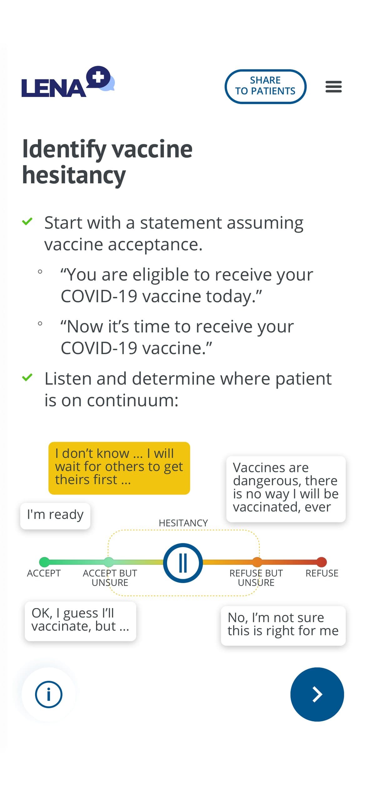 Ecranul LENA Identify vaccine hesitancy: replici de deschidere și o scală de la acceptare la refuz, cu răspunsuri tipice ale pacienților