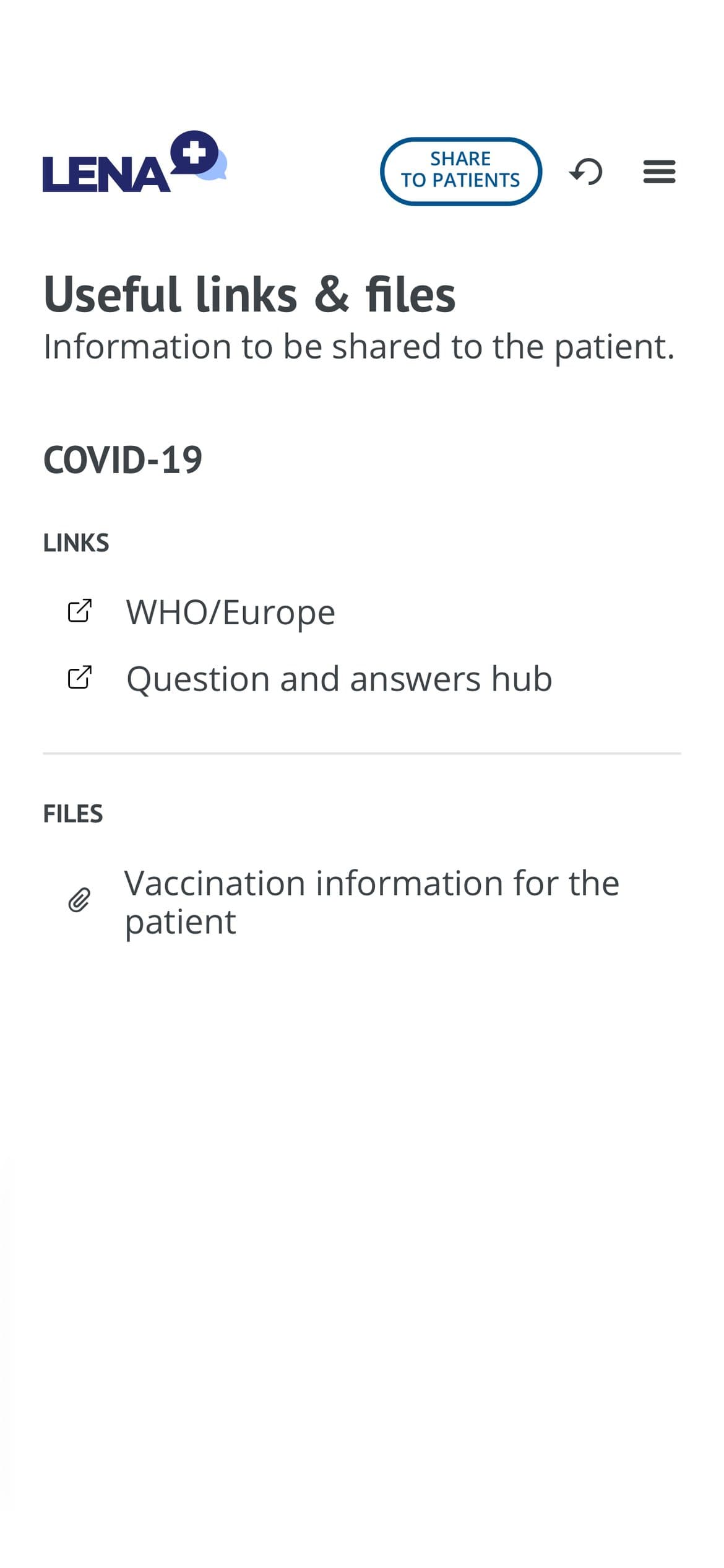 Ecranul LENA Useful links and files: resurse COVID-19 verificate pe care medicul le poate trimite pacientului