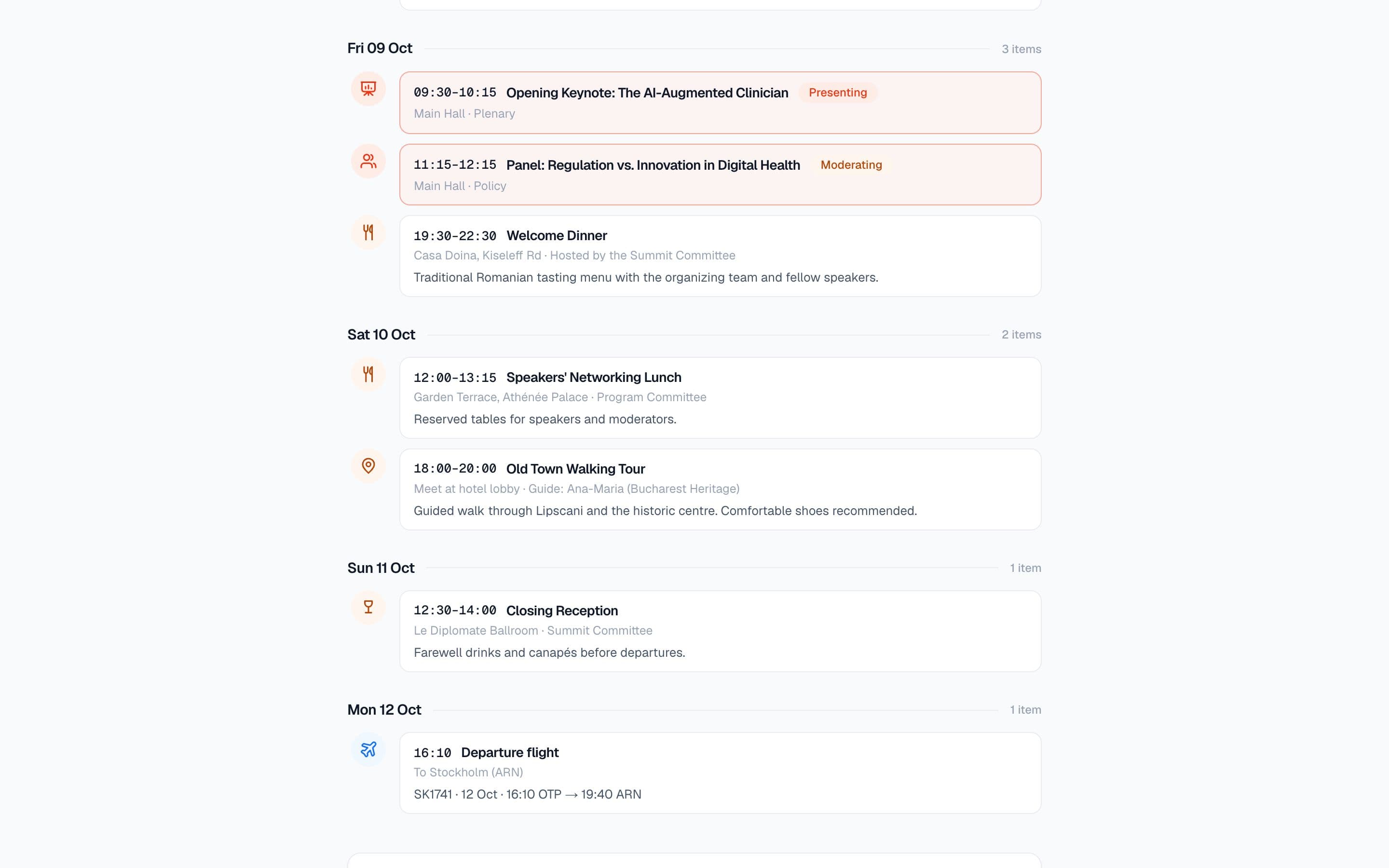 Agenda personală a unui lector în Eventer.NET, pe zile, cu prezentări, program social și drumuri, cu date demonstrative