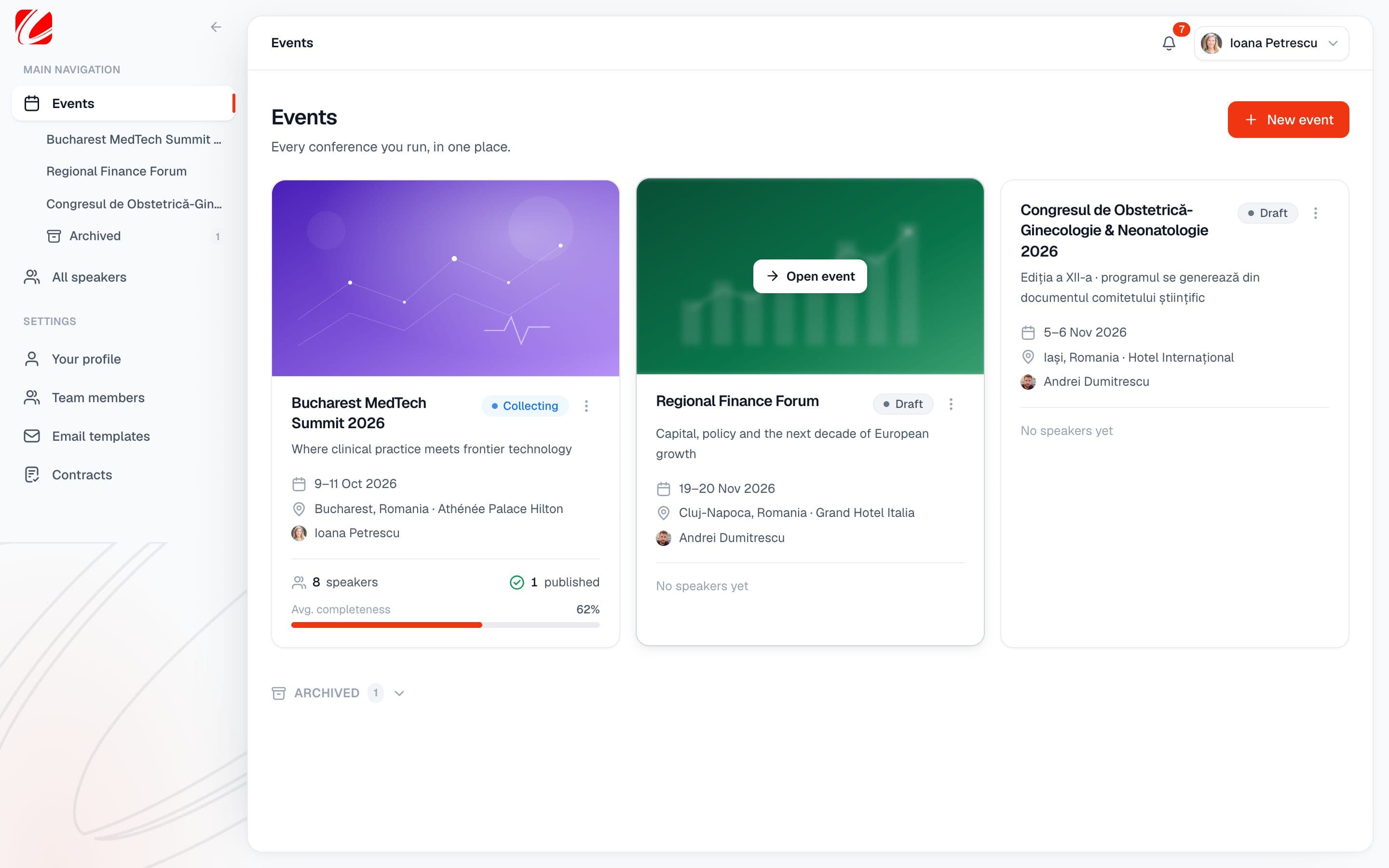 Lista de evenimente din Eventer.NET, cu un card de prezentare pentru fiecare eveniment, cu date demonstrative
