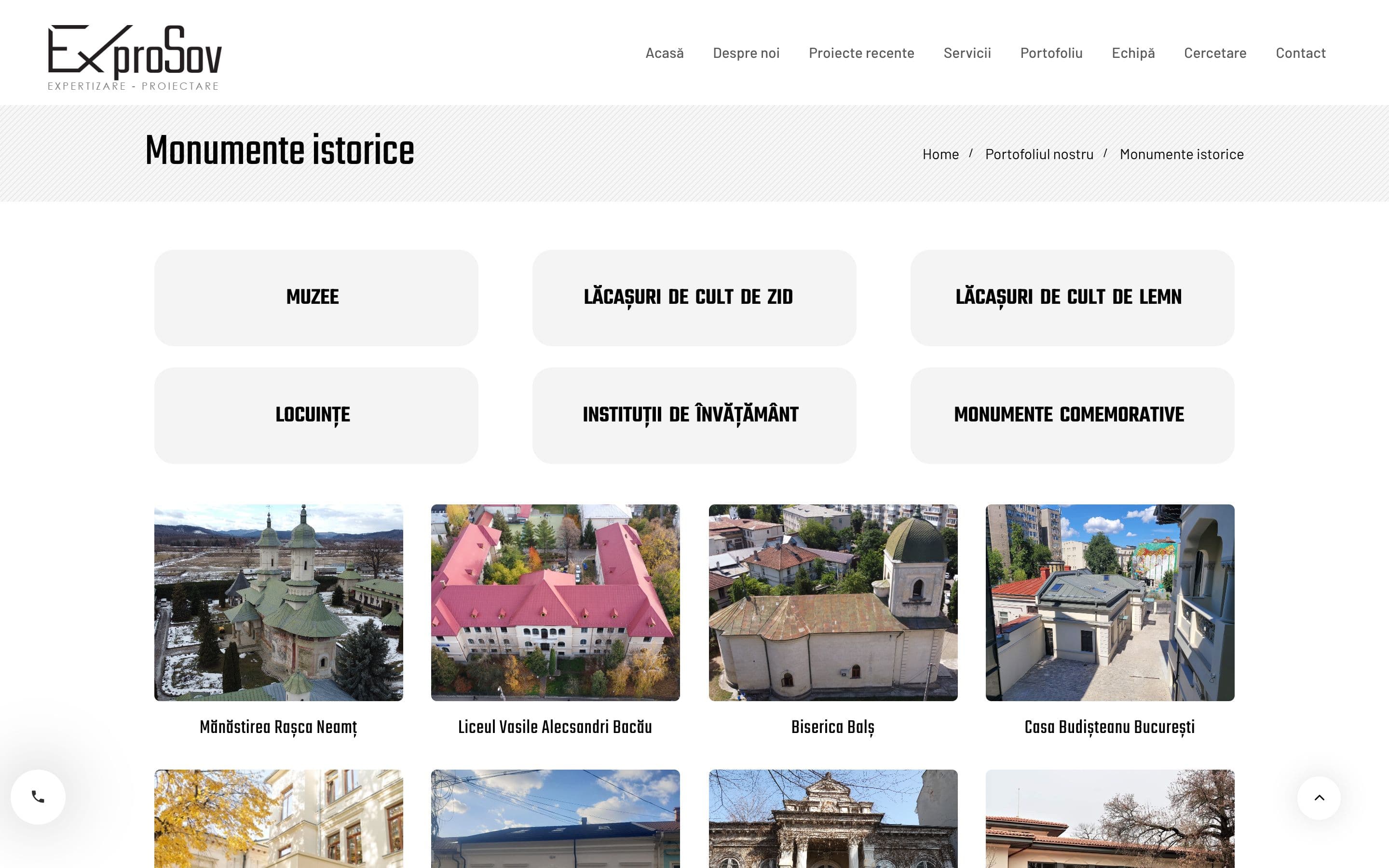 Pagina de portofoliu Monumente istorice, cu categoriile de proiecte